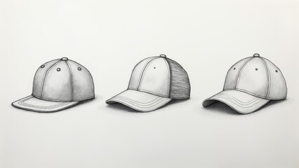 Three Baseball Caps in a Row - Pencil Drawing