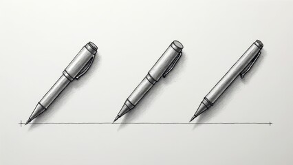 Three gray pens drawing a straight line on a paper surface