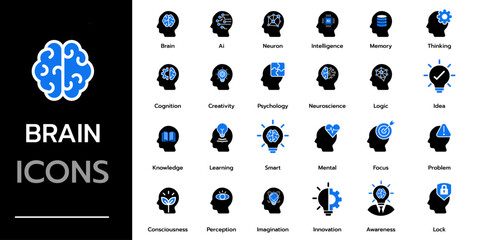 Brain icon set. intelligence, Ai, learning , neuron , creativity , idea, mindset and more. Solid vector icons collection