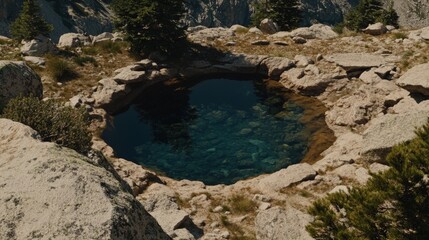 Serene mountain pool nestled amongst rocks, clear water reflecting the sky, alpine scenery.