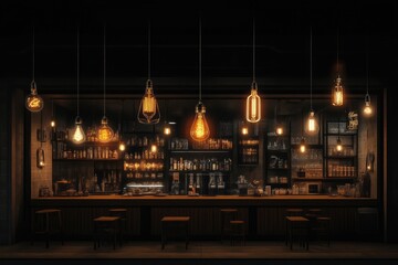 Obraz premium Dark, cozy bar interior with warm Edison bulbs