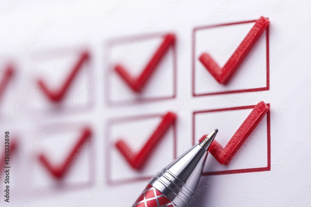 Poster red checkmarks on paper with silver pen for task completion