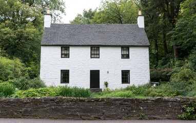 Fototapeta premium Charming White Cottage Surrounded by Lush Greenery in Nature
