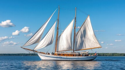 Vintage sailing vessel on a tranquil waterway under a clear sky.