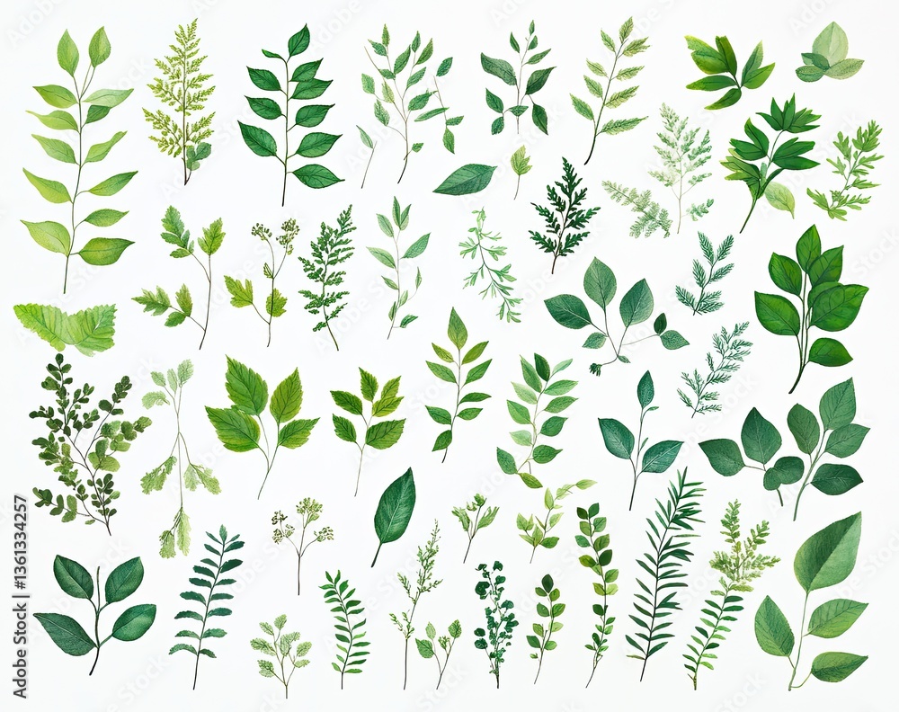 Poster collection of various lush green leaves and foliage. detailed illustrations of different leaf types,