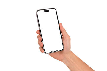 Hand holding smartphone with blank screen isolated on transparent background.

