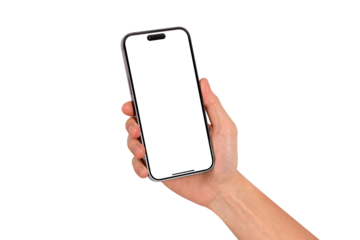Hand holding smartphone with blank screen isolated on transparent background.

