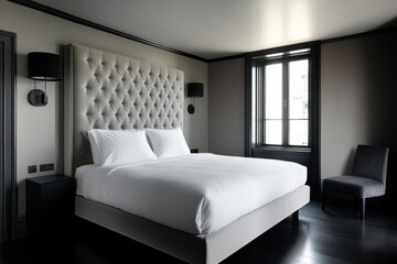Luxurious modern bedroom with king-size bed, upholstered headboard, and dark hardwood floors.
