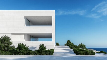 Modern white villa with sea view, minimalist architecture, landscaping.