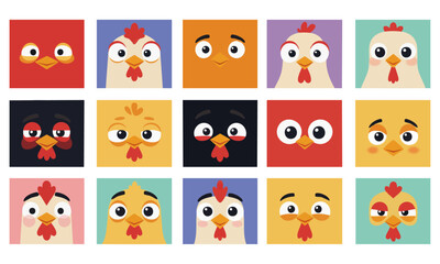 Cute Chicken Faces Vector Illustration Set