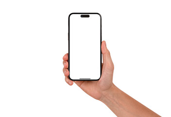 Hand holding smartphone with blank screen isolated on transparent background.
