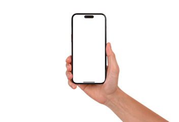 Hand holding smartphone with blank screen isolated on transparent background.

