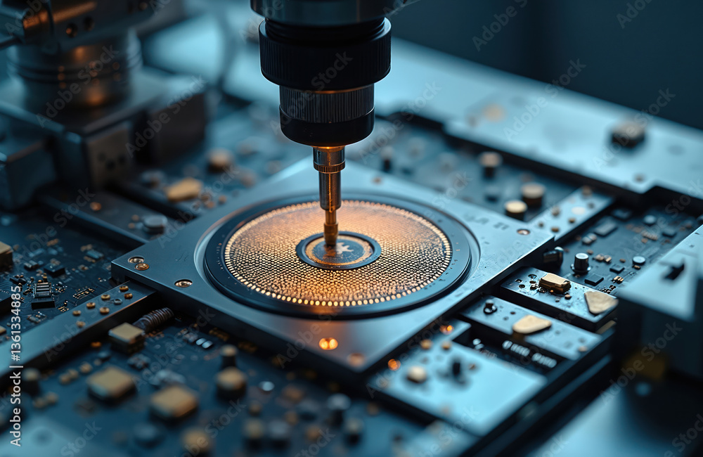 Poster microchip manufacturing process with precision machinery. electronic component production. microproc