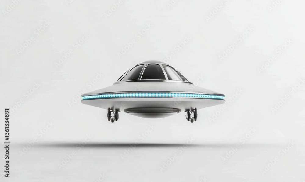Poster sleek futuristic ufo spaceship hovering in bright minimalist setting