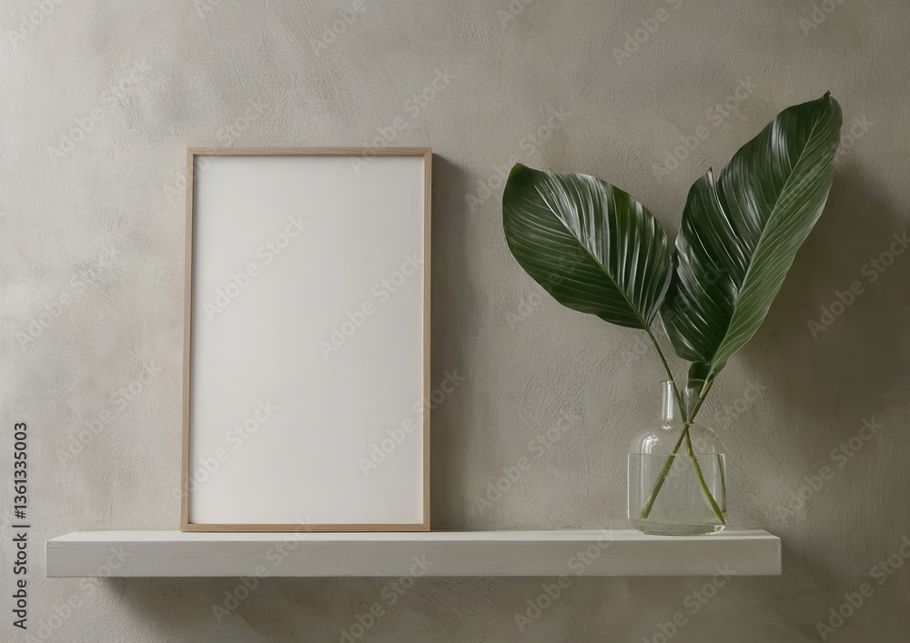 Poster minimalist decor with empty frame and green foliage on shelf
