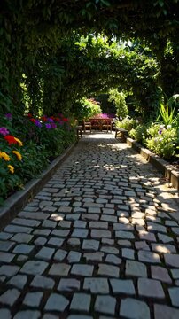 A low-angle video captures a stone path lined with vibrant flowers under lush green arches, creating a serene, inviting garden tunnel effect. Live mobile wallpaper.