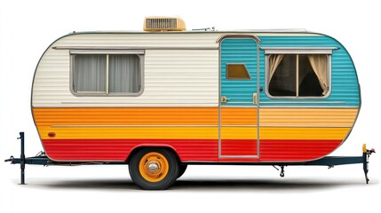 Colorful vintage camper on white background;  retro travel trailer; isolated;  empty