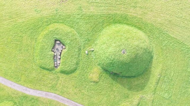 Knowth Tombs Covered In Green Grass In County Meath, Ireland. - aerial shot