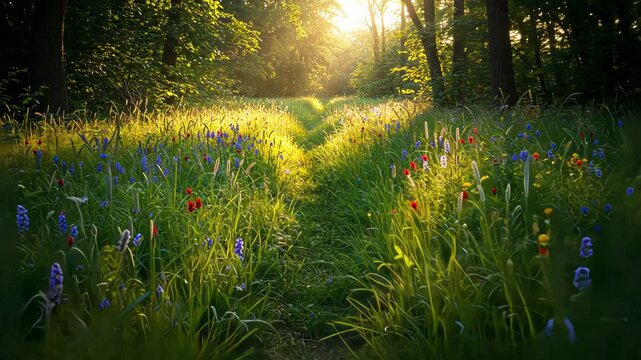 A serene forest pathway illuminated by soft sunlight and blooming flowers.