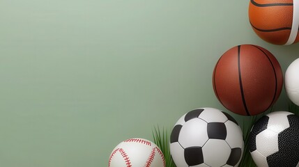 Variety of Sports Balls on Soft Grass Background for Athletic Themes