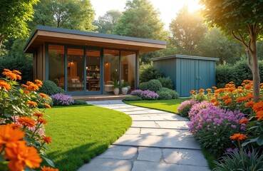 Scenic garden with stone path leading to modern garden room office. Blooming flowers, green lawn with beautiful exterior design. Exterior workspace with sunny light. Home office, property, real