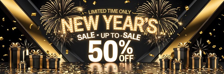 Luxurious New Year’s Sale scene with a dark elegant background, golden fireworks, sparkling confetti, and a bold 50 percent off discount message in glowing text for a festive holiday promotion