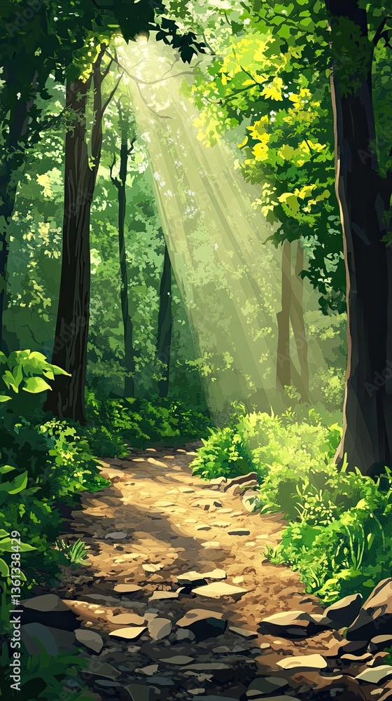 Poster sunlight streams through a lush forest path with green foliage
