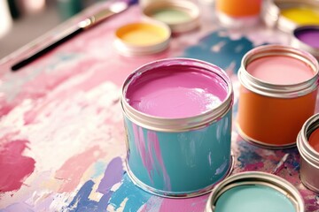 An artistic backdrop featuring open pastel paint cans.
