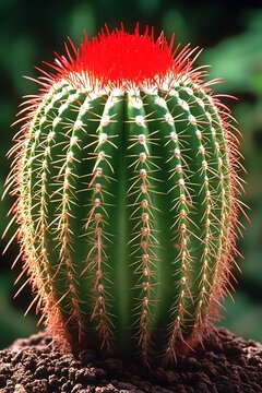 Striking Barrel Cactus with Vibrant Red Cephalium Detailed close-up Shot