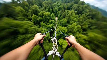Extreme Zip Lining Adventure Over Lush Green Forest – POV Action Shot, High-Speed Thrill, Outdoor Sports, Travel, Adrenaline Rush, Nature Adventure, Eco-Tourism, Experience, Aerial Perspective.