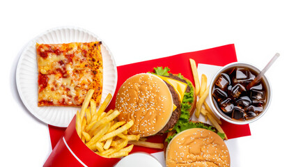 A collage of classic American fast food featuring a burger, fries, cola, and pizza with bright, even lighting.