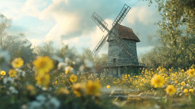 A rustic windmill turning slowly in the morning breeze --ar 16:9 --v 6.1 Job ID: 953619b3-9c5a-4e67-a3d0-9a40f231981f