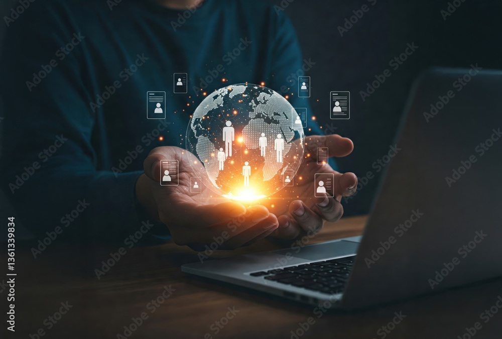 Poster a person interacts with a glowing globe symbolizing connectivity and technology, surrounded by digit