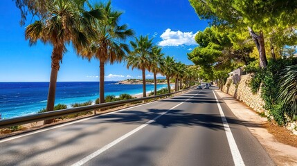 Fototapeta premium Coastal Road, Palm Trees, Summer Vacation - Road trip imagery
