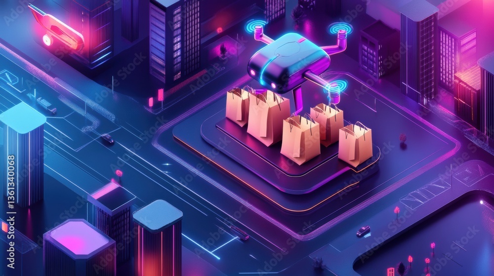 Poster futuristic cityscape with autonomous delivery drones dropping groceries at doorsteps during a vibran