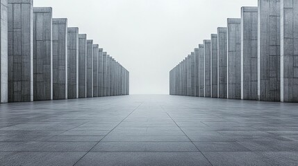 Symmetrical concrete pillars lining a vast empty plaza, vanishing into a hazy distance.