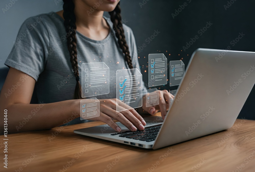 Poster a young woman of asian descent engaged in digital document management, typing on a laptop while inte