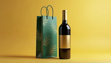 Bottle wine and gift bag on yellow background. Celebration present alcohol. Wine bottle label, gift bag design for business branding mock up. Perfect template for special occasion marketing.