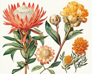 Artistic Representation of Waratah and Protea in Watercolour
