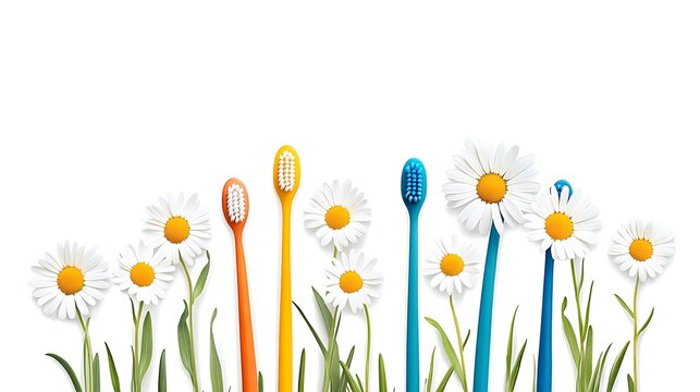Colorful Toothbrushes Blooming Amidst Daisies AI Generated