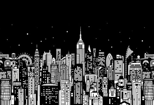 Abstract monochrome night city skyline doodle seamless pattern, perfect for urban themed designs, hand drawn, drawing