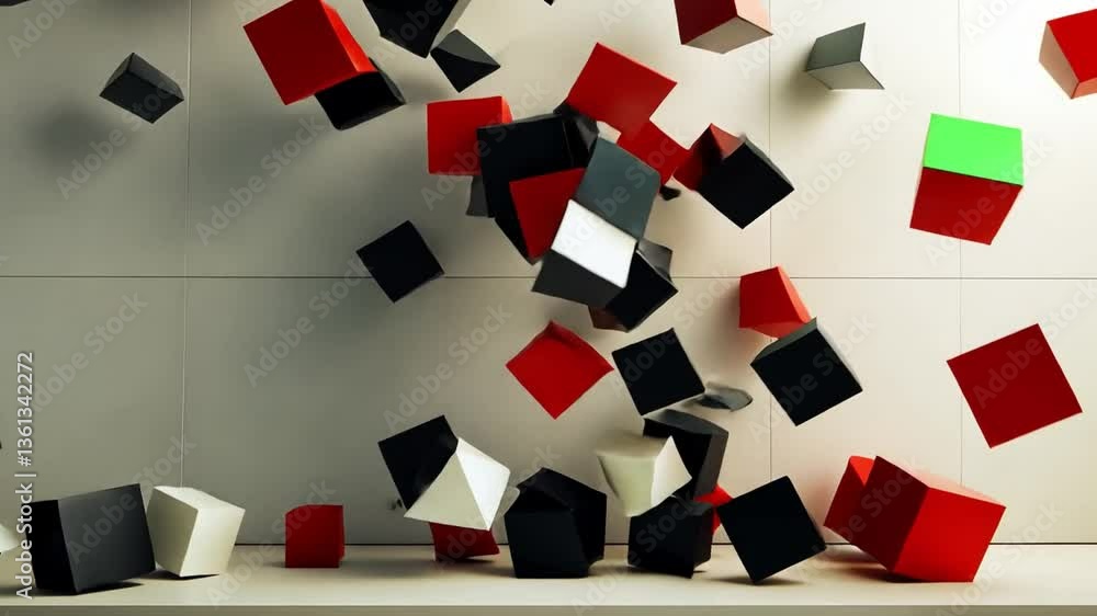 Poster dynamic motion of geometric shapes artistic display of red, black, and white cubes creating minimali