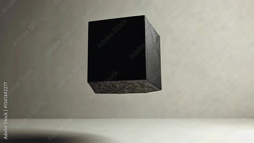 Poster floating black cube textured geometric marvel in minimalist design, where light and shadow create in