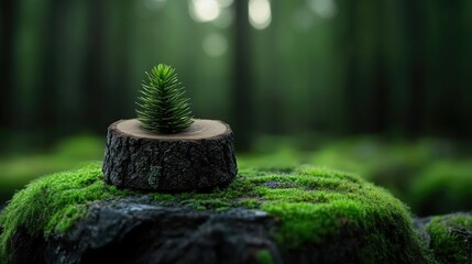 A small, vibrant sapling sits atop a weathered tree stump nestled amongst lush, green moss in a serene forest setting