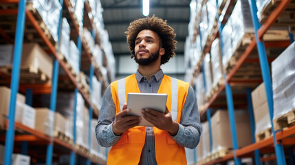 Warehouse Manager Using Tablet for Inventory Management in Storage