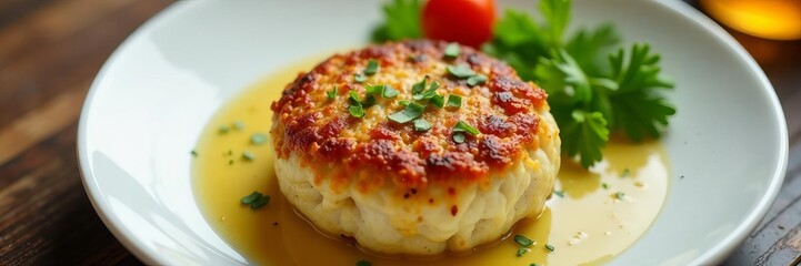 Close-up overhead view of a perfectly seared crabcake on a white plate, isolated, fresh, delicious