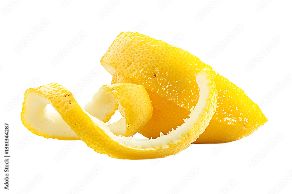 Poster a close up view of a lemon peel and a slice of lemon on a black background in studio lighting