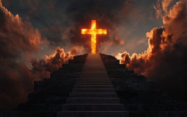 A glowing cross atop a dark, stair-like structure against a dramatic sky, symbolizing hope and spirituality.
