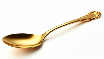 Shiny golden spoon isolated white background. Gold cutlery, kitchen utensil, luxury, metallic silverware for cooking, dining, serving meals. Detailed closeup photo.