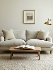 Cozy Living Room with Neutral Sofa, Coffee Table, and Artwork